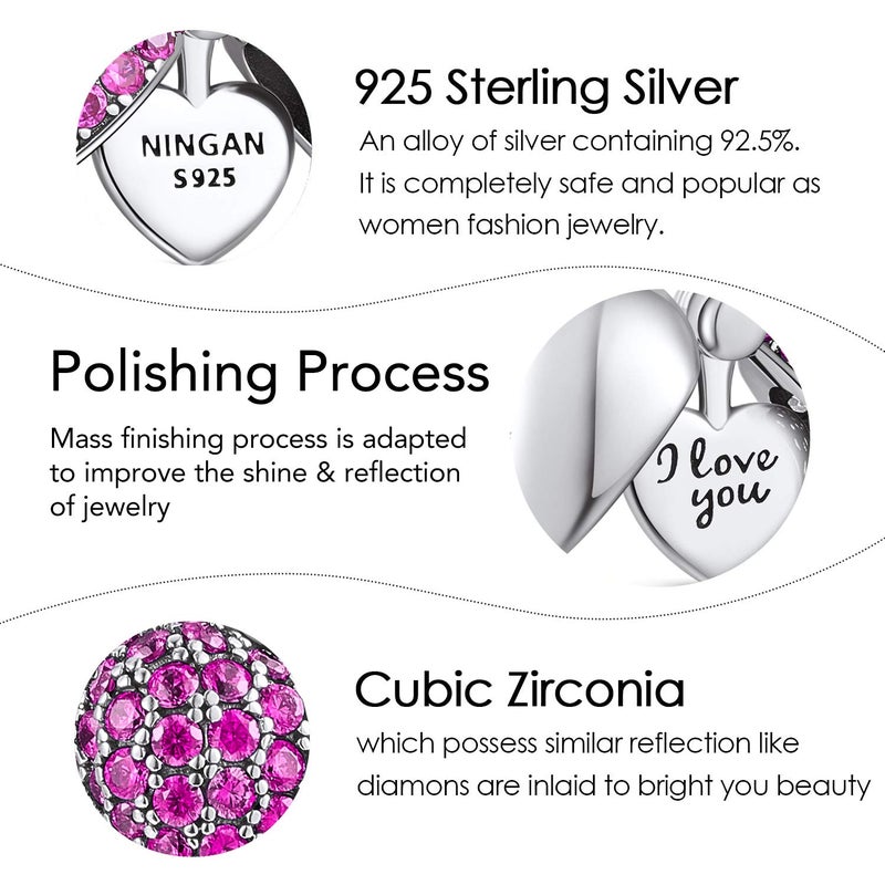 NINGAN â€œI Love Youâ€ Purple Love Heart Dange Charm 925 Sterling Silver Pendant Beads fit Bracelets & Necklaces, Birthday Gift for Women - Image 5